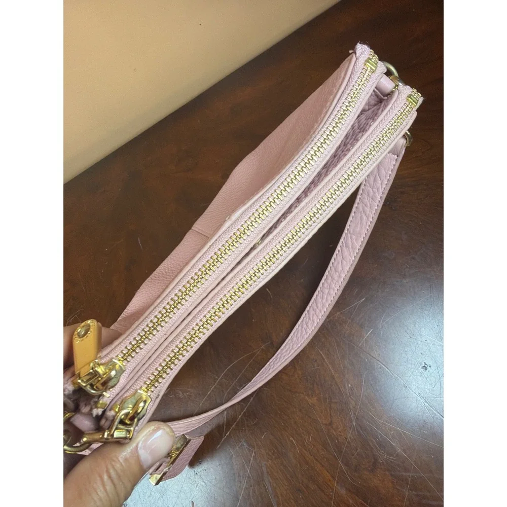 DKNY Pink Pebbled Leather Crossbody Bag Multi Zip Shoulder Purse Gold Hardware‎